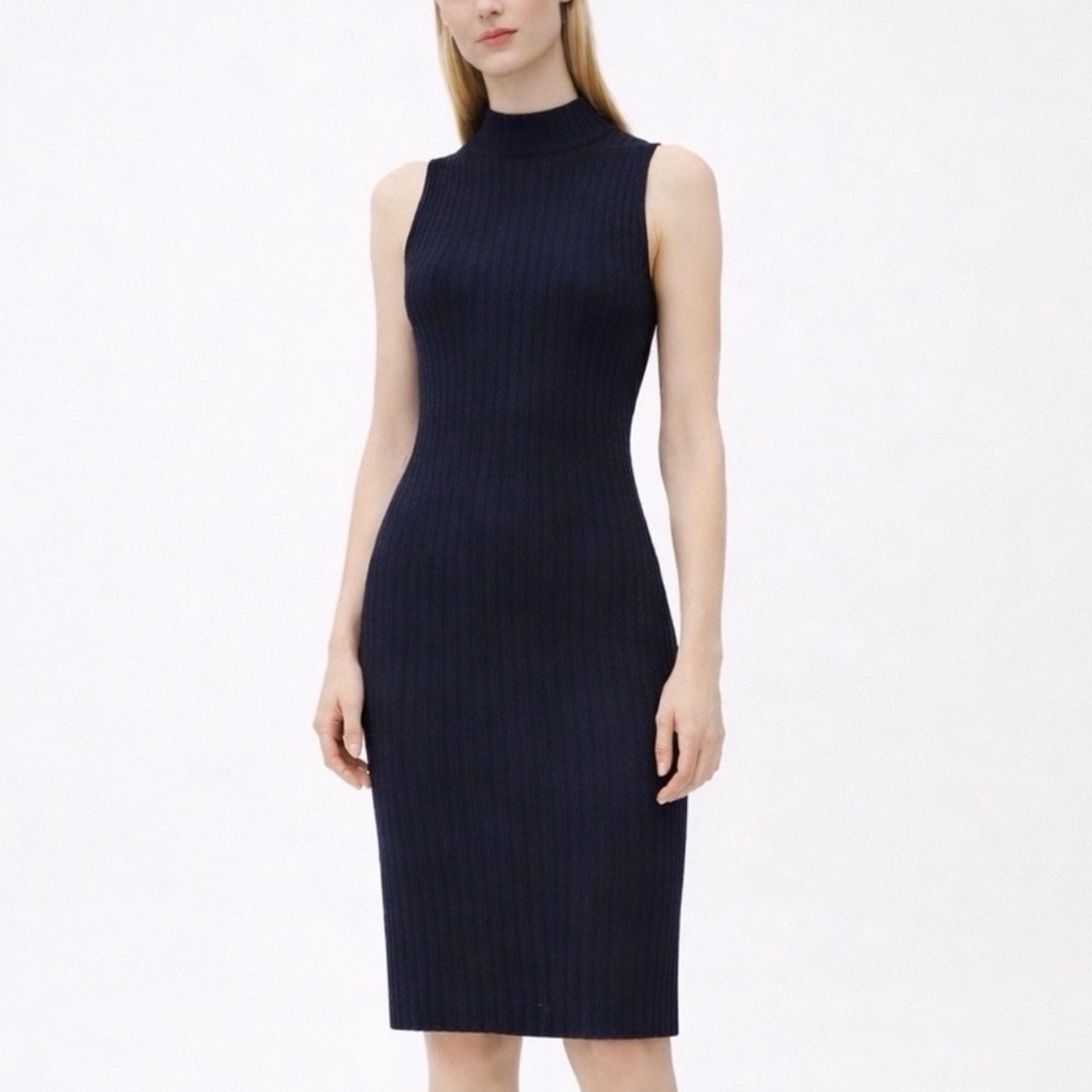 Massimo Dutti Navy Blue Ribbed Knit Sleeveless Midi Dress | XS